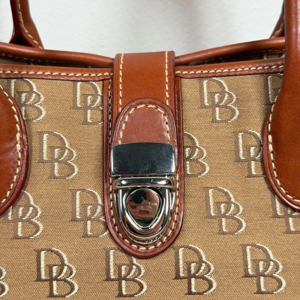 Dooney & Bourke Brown DB Monogram Canvas Leather Satchel Tote Bag Medium